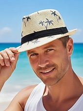 abordables Accesorios de vacaciones-Sombrero fedora de paja para hombre con estampado de palmeras, ligero y transpirable, tejido para verano, disponible en varios colores, estilo informal de resort para vacaciones en la playa en primavera y uso diario.