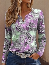 voordelige Kunst &amp; Design t-shirt-Dames T-shirt Afdrukken Grafisch Geometrie Vintage Modieus Modern Lange mouw Gekerfde nek Normale tops Dagelijks Weekend blauw Geel Paars Groen Zomer Lente