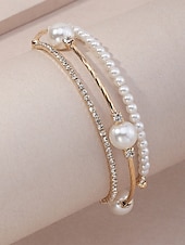 billige Bryllup ACC-Armbåndssett med tre lag i kunstperlelegering til dame, stablebare armbånd i gull og sølv med elegante perler og krystalldetaljer, vintage brudesmykker til bryllup, kveldsfester og formelle arrangementer