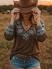 tanie T-shirt boho-Damskie Podkoszulek Nadruk Kwiaty Graficzny Rośliny Zabytkowe Elegancki Klasyczny Długi rękaw W serek Zwykłe topy Codzienny Weekend Stroje plażowe Ciemnobrązowy Lato Wiosna