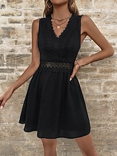 baratos Vestidos de renda branca-Mulheres Minivestido Vestido de renda Vestido branco Elegante Moda Moderno Ao ar livre Férias Para Noite Normal Tecido Sem Manga Decote V Preto Branco Verão Primavera