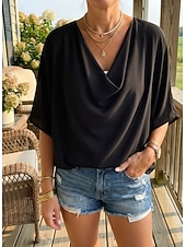 baratos Blusas e Camisas-blusa feminina elegante elegante cor sólida franzido manga morcego comprimento 3/4 manga regular tops gola alta trabalho diário preto branco amarelo rosa céu azul verão primavera outono