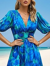 abordables Robes fleuries-Femmes Robe Midi Robe trapèze Vacances Occasionnel Extérieur Sortir Coupe régulière Fleuri Manche Courte Col en V Bleu Été Printemps