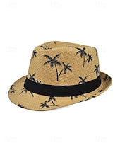 abordables Accesorios de vacaciones-Sombrero fedora de paja para hombre con estampado de palmeras, ligero y transpirable, tejido para verano, disponible en varios colores, estilo informal de resort para vacaciones en la playa en primavera y uso diario.