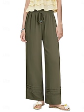 cheap Wide Leg &amp; High Waisted-Women's Wide Leg Trousers Casual Pants Vacation Fashion Streetwear Full Length High Waist Plain Lace Elastic Waist Comfortable Breathable Inelastic Daily Vacation Street Black Almond Military Green