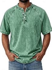 economico magliette di base-Per uomo Maglietta Camicia Demin Camicia 100% cotone lavaggio acido Top Henley Manica Corta Semplice Vintage Streetwear Casual Lavato Manica corta Collo alla coreana Henley Casuale Casa Streetwear