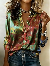  Femmes Chemise Chemise en satin Imprimé Fleuri Graphique Bohème ancien Classique manche longue Col de chemise Hauts Réguliers Quotidien Fête Sortir Bleu Jaune Rose Claire Vert Bleu clair Ét