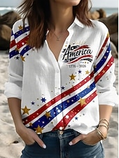  Αμερικανική Ημέρα Ανεξαρτησίας Γυναικεία Μπλούζα Κουμπιά Τύπωμα Γραφικό Σημαία Αμερικανική Επέτειος Vintage Στυλάτη Σύγχρονη Μακρύ Μανίκι Κολάρο Κανονικά Κορυφαίες Καθημερινές Κοραλί Κόκκινο Μαύρο