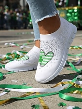  kvinnehjerte til St. Patricks dag &Flyknit-sneakers med kløvertrykk - elastiske, pustende slip-on-sko til irsk parade, høytidsfest og reiser &hverdagskomfort