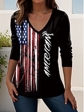economico Magliette Giorno dell’Indipendenza-Giorno dell'Indipendenza Americana Per donna Maglietta Stampato Grafico Bandiera Americana Vintage Elegante Classico Manica Lunga Scollo a V Top Regolari Quotidiano Weekend Blu Nero Blu turchese