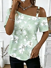 baratos Blusas Florais-Mulheres Camiseta T-shirt Imprimir Floral Gráfico à moda Clássico Casual Manga Curta Pescoço Assimétrico Tops regulares Diário Para Noite Final de semana Verde Claro Rosa Laranja Verde Cinzento Verão