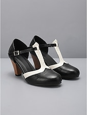 billige Mor til bruden/groom-Damesko i burgunder og hvitt med t-stropper – elegante retro pumps med mellomhøy hæl og tofarget tilskuerdesign til brudens mor, innendørs kirkeseremonier og formelle mottakelser
