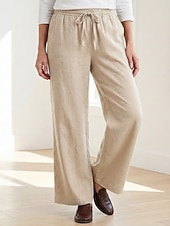 cheap Premium Linen Collection-70% Linen Women's Linen Pants Culottes Wide Leg Wide Leg Chinos Vacation Streetwear Basic Full Length Medium Waist Plain Drawstring Pocket Comfort Inelastic Daily Outdoor claret Deep Green