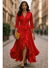 baratos Vestidos de Festa em A-Linha A Assimétrico Vestidos de noite Elegante Manga 3/4 Decote V Casamento Formal Bolsos Cetim com Laço(s) Fru-Fru