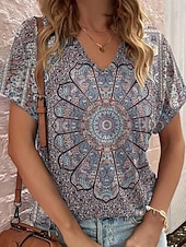 billige Boho t-skjorte-Dame T skjorte Trykt mønster Grafisk Geometrisk Paisly Årgang Stilfull Fritid Kortermet V-hals Vanlige topper Daglig Helg Ferieklær Blå Gul Vin Brun Sommer Vår
