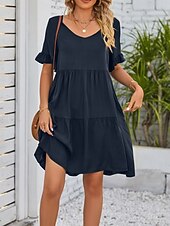 voordelige mini zwarte jurk-Dames Mini-jurk Casual jurk Katoenen jurk Zomerjurk Elegant Modieus Modern Buiten Vakantie Uitgaan Ruim Passend Effen Korte mouw V-hals Zwart Wit Leger Groen Bordeaux Zomer Lente