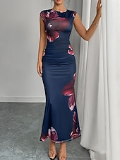 voordelige Bloemenjurk-Dames Maxi-jurk Satijnen Jurk Bodycon Bloemetjesjurk Jurk met print Elegant Modieus Modern Buiten Vakantie Feest Normale pasvorm Bloemig Mouwloos Strakke ronde hals Marineblauw Zomer Lente