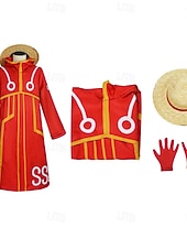 tanie Kostiumy anime-Ocean Adventurer Kapitan Pirat Słomkowy Kapelusz Anime Kostium Cosplay Stroje Garnitury cosplay Halloween Karnawał Bal maskowy Płaszcz Rękawiczki Kapelusz Na Dla chłopców Dla dzieci Dla dorosłych