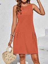 cheap Plain Dress-Women's Midi Faux Cotton Linen  Dress Shift Dress Summer Dress Casual Daily Regular Fit Plain Sleeveless Crew Neck Blue Orange Green Summer