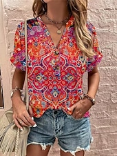 abordables T-shirt Boho-Women's T Shirt Tee Top Buttons Print Floral Graphic Bohemia Vintage Stylish Short Sleeve V Neck Long Tops Daily Going out Weekend Blue Wine Red Navy Blue Summer Spring