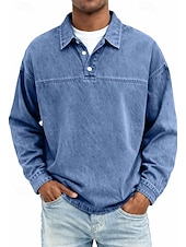 preiswerte Klassisches Poloshirt für Herren-Herren Jeanshemd Baumwoll-Poloshirt Lässig Urlaub Klassisch Langarm Mode Basic Einfarbig Einfach Vintage-Stil Gewaschen Frühling Winter Frühling &amp; Herbst Normale Passform Schwarz Hellgrün Rosa