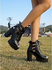 Χαμηλού Κόστους Γυναίκες-Γυναικεία μαύρα μποτάκια με πλατφόρμα για φεστιβάλ - τολμηρά, χοντρά τακούνια με ανοιχτή μύτη, κορδόνια και λουράκια με αγκράφα &amp;σόλα με λοβό για μουσικά φεστιβάλ, συναυλίες &amp;ρέιβ πάρτι