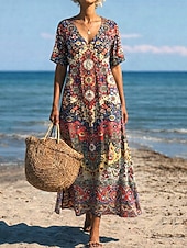 voordelige Boho Jurken-Dames Maxi-jurk Hemdjurk Zonnejurk T shirt jurk Vakantie Casual Boho Strand Feest Ruim Passend Paisley Etnisch Korte mouw V-hals Oranje rood Zomer Lente