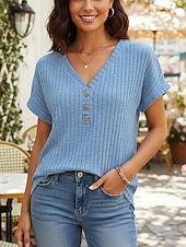 cheap Plain tee-Women's T Shirt Tee Top Solid Color Fashion Stylish Classic Short Sleeve V Neck Regular Tops Daily Going out Weekend Blue Purple Green Khaki Summer Spring