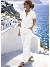 abordables Conjuntos-Mujer Conjunto con tacto de lino Conjuntos de pantalones Bolero Manga Corta Escote en Pico Color sólido Moda Ropa de calle Casual Diario Exterior Azul Piscina Blanco Azul Marino Oscuro Verano Ajuste