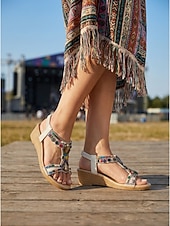 cheap Women-Women's Boho Beaded Wedge Sandals - Ethnic Tribal T-Strap Summer Shoes with Low Wedge Heel &amp; Elastic Back for Coachella, Outdoor Music Festivals &amp; Beach Vacations