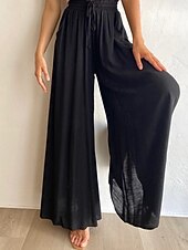 preiswerte weites Bein und hohe Taille-Damen Weites Bein Chinos Urlaub Mode Streetwear Volle Länge Hohe Taille Einfach Tasche Elastischer Bund Bequem Komfort Weich Dehnbar Outdoor Straße Schwarz Weiß Dunkelgrün Orange Sommer Frühling