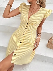 cheap Stripe&amp;Geometric Dress-Women's Mini Dress A Line Dress Summer Dress Casual Daily Regular Fit Striped Short Sleeve V Neck Black Yellow Pink Green Summer Spring