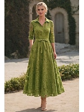 Недорогие Длина щиколотки-А-силуэт До щиколотки Платье-рубашка Вечернее платье Платье для матери невесты Длинный рукав Рубашечный воротник Элегантный стиль Винтаж Официальные Жаккард с Бант(ы) Вышивка Цветы