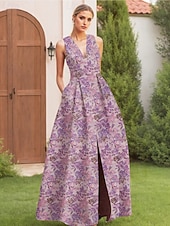 זול שמלות ערב בקו A-גזרת A עד הריצפה שמלות ערב אלגנטית וינטאג' ללא שרוולים צווארון V חתונה רשמי ניילון עם שסע כיס