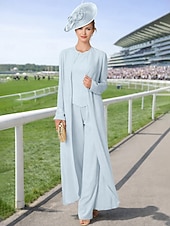 preiswerte Hosenanzüge für Mama-Overall Hosenanzug Dreiteilig Bodenlang Brautmutterkleid Langarm Bateau-Ausschnitt Elegant Übergröße Mit Schal Formell Hochzeitsgast Chiffon Mit Schal mit Perlenstickerei