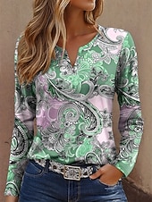voordelige Kunst &amp; Design t-shirt-Dames T-shirt Afdrukken Grafisch Geometrie Vintage Modieus Modern Lange mouw Gekerfde nek Normale tops Dagelijks Weekend blauw Geel Paars Groen Zomer Lente