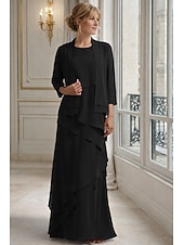 billiga Mammas klänningsset-Tvådelad A-linje Golvlång Bröllopsgästklänning Klänning till brudens mor Ärmlös Prydd med juveler Elegant Bröllopsgäst Bröllopsfest Chiffong Sjal inkluderad med Fallande volanger Enfärgat