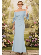 cheap Mermaid Evening Dresses-Mermaid Trumpet Floor Length Wedding Guest Dress Formal Dresses Evening Gown Prom Dresses Elegant Half Sleeve Off Shoulder Prom Formal Stretch Fabric with Embroidered Flower Solid Color