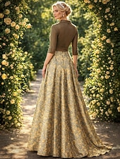 halpa Lattian pituus-A-linja Kokopitkä Paitamekko Häävieraspuku Muodollinen mekko Morsiammen äidin asu Pitkähihainen Paitapuserokaula-aukko Tyylikäs Vintage Häät Muodollinen Nylon kanssa Kukkapainatus Rusetti(rusetit