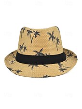 abordables Accesorios de vacaciones-Sombrero fedora de paja para hombre con estampado de palmeras, ligero y transpirable, tejido para verano, disponible en varios colores, estilo informal de resort para vacaciones en la playa en primavera y uso diario.