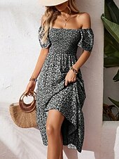 Χαμηλού Κόστους Floral φορέματα-Γυναικεία Μίντι φόρεμα Φόρεμα σε γραμμή Α Καθημερινό ΕΞΩΤΕΡΙΚΟΥ ΧΩΡΟΥ Εξόδου Τυπική εφαρμογή Φλοράλ Κοντομάνικο Τετράγωνη Λαιμόκοψη Θαλασσί Μαύρο Ρουμπίνι Βυσσινί Καλοκαίρι Άνοιξη