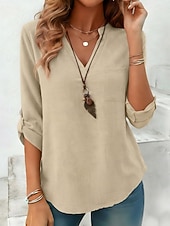 billiga Lyxiga skjortor-Dam Skjorta Linneskjortor i bomull Casual skjorta Blus Slät Stylish Klassisk Modern Långärmad V-hals Vanliga toppar Dagligen Helgdag Utekväll Blå Gul Purpur Grön Kaki Vår Höst