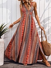 cheap Floral Dress-Women's Maxi Dress A Line Dress Slip Dress Off The Shoulder Dress Vacation Casual Outdoor Going out Regular Fit Floral Graphic Sleeveless V Neck Red Green Summer Spring