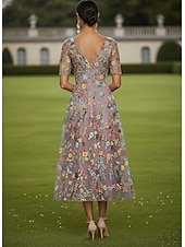 Недорогие Длина щиколотки-А-силуэт Платья Ниже колена Коктейльные платья Свадебное платье для гостей Платье для матери невесты Рукав до локтя Вырез под горло Вырез лодочкой Элегантный стиль На каждый день