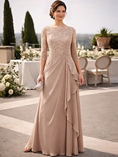 baratos Floor Length-Dress Floor Length Wedding Guest Dress Formal Dresses Evening Gown Mother of the Bride Dress 3/4 Length Sleeve Crew Neck Elegant Simple Wedding Guest with Lace Solid Color