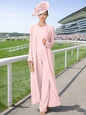 preiswerte Hosenanzüge für Mama-Overall Hosenanzug Dreiteilig Bodenlang Brautmutterkleid Langarm Bateau-Ausschnitt Elegant Übergröße Mit Schal Formell Hochzeitsgast Chiffon Mit Schal mit Perlenstickerei