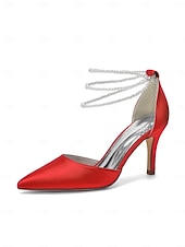 Недорогие Невеста-Женские серебристые атласные туфли на каблуке с острым носком и жемчужными ремешками на щиколотке, элегантные свадебные туфли для пляжной свадьбы.