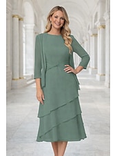 economico Set di abiti per la mamma-Tubino Colonna Lunghezza Tè Abito da invitata a nozze Abito da cerimonia per signora Manica 3/4 Collo gioiello Elegante Ospite di nozze Chiffon Con Stola con Arricciatura