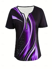 ieftine Tricou cu dungi și geometric-Pentru femei Tricou Quarter Zip Grafic Geometric Tropical Hawaiană Stilat Manșon scurt Stil Nautic Topuri obișnuite Nunta pe plaja Zilnic Sport Albastru piscină Mov Vară Primăvară