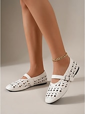 economico Ballerine da donna-ballerine Mary Jane bianche tagliate al laser da donna - scarpe da ballo traspiranti con cinturino e fibbia per resort all'aperto, vacanze tropicali &amp;viaggio estivo